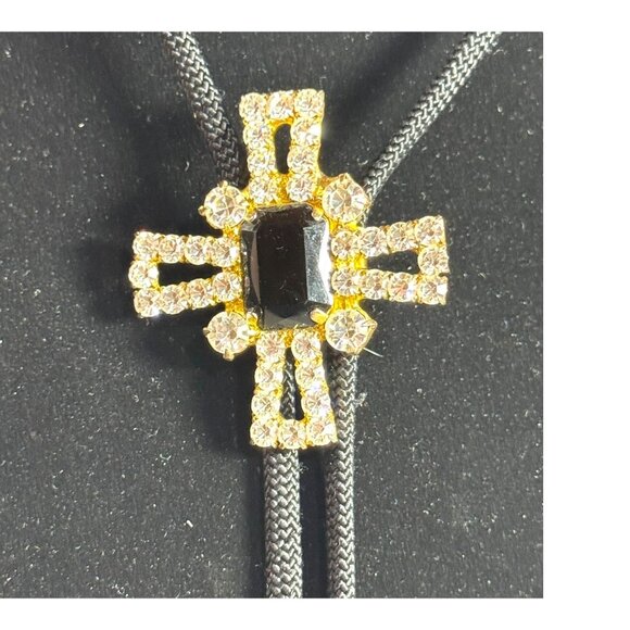 Vintage Maltese Cross Black Bolo Tie Rhinestone Pendant & Cord Men Women Fancy - Picture 1 of 7